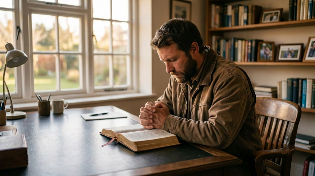 Man praying with hands clasped over an open Bible and wooden cross on desk